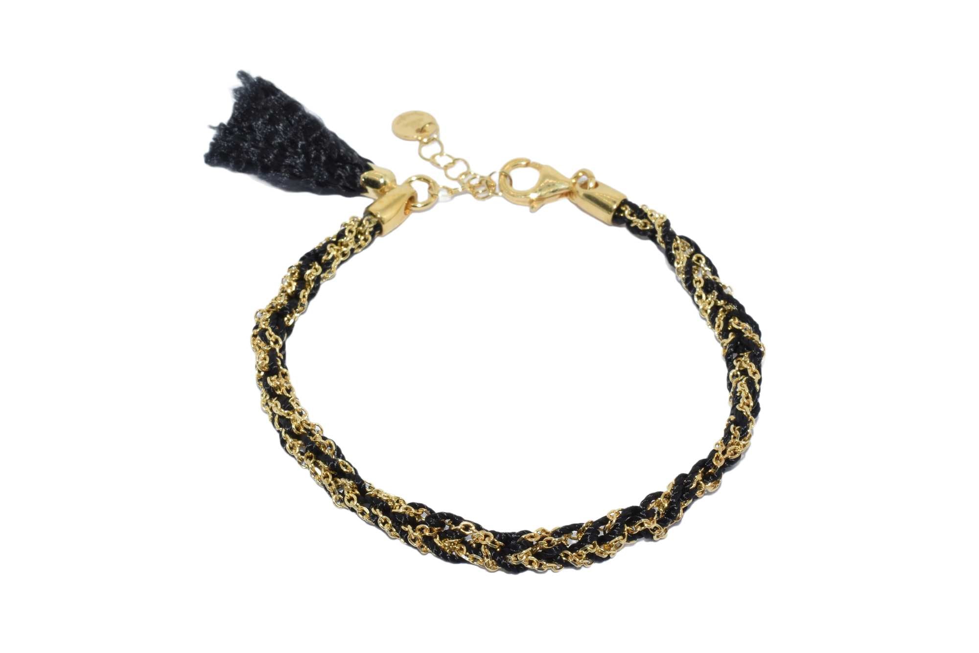 Bracciale-uncinetto-con-cotone-NERO-Argentofilato-in-argento-925-oro-giallo