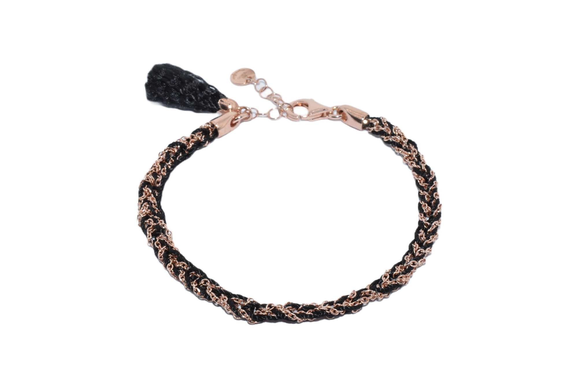 Bracciale-uncinetto-con-cotone-NERO-Argentofilato-in-argento-925-oro-rosa