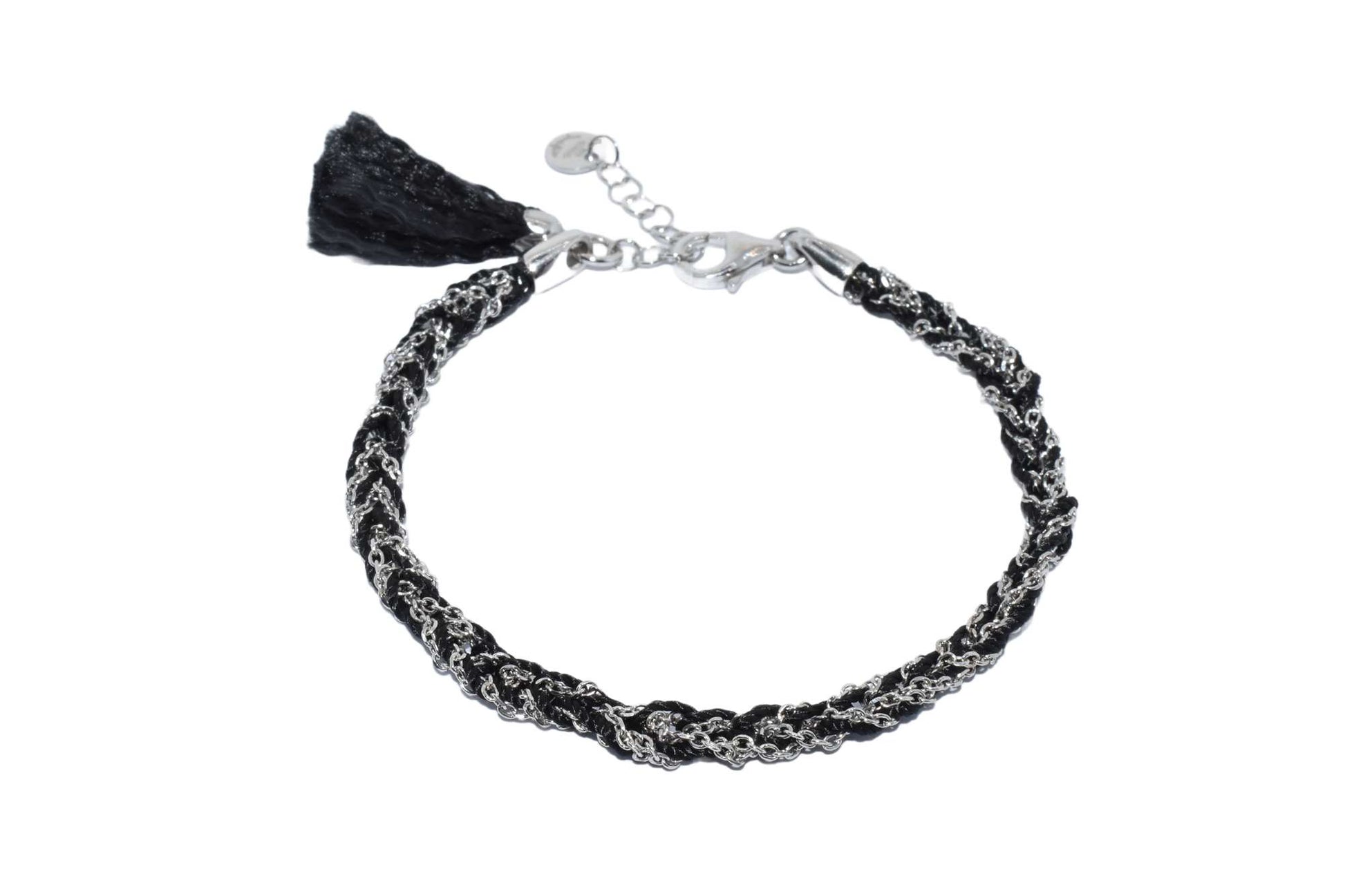 Bracciale-uncinetto-con-cotone-NERO-Argentofilato-in-argento-925