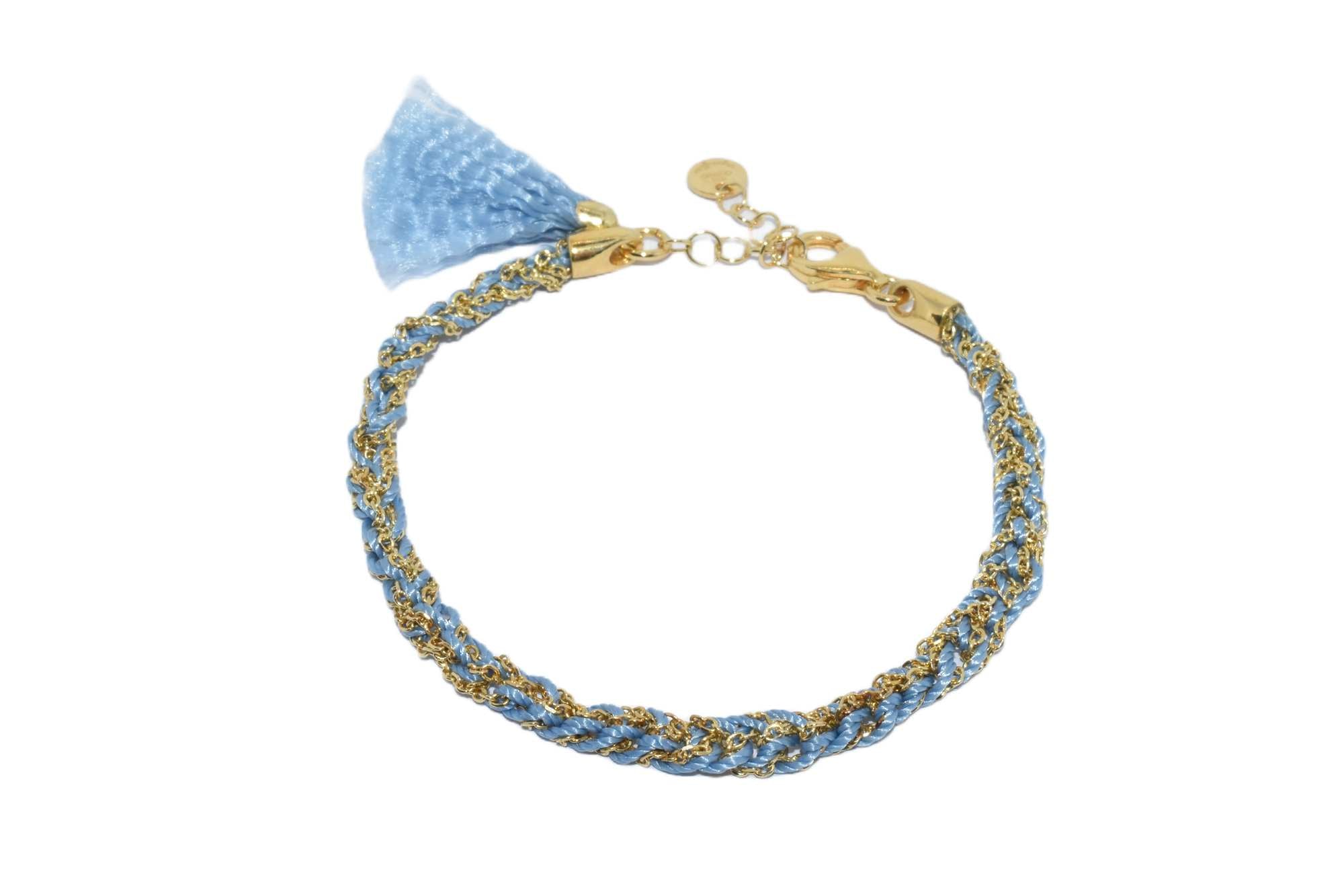 Bracciale-uncinetto-con-cotone-azzurro-Argentofilato-in-argento-925-oro-giallo