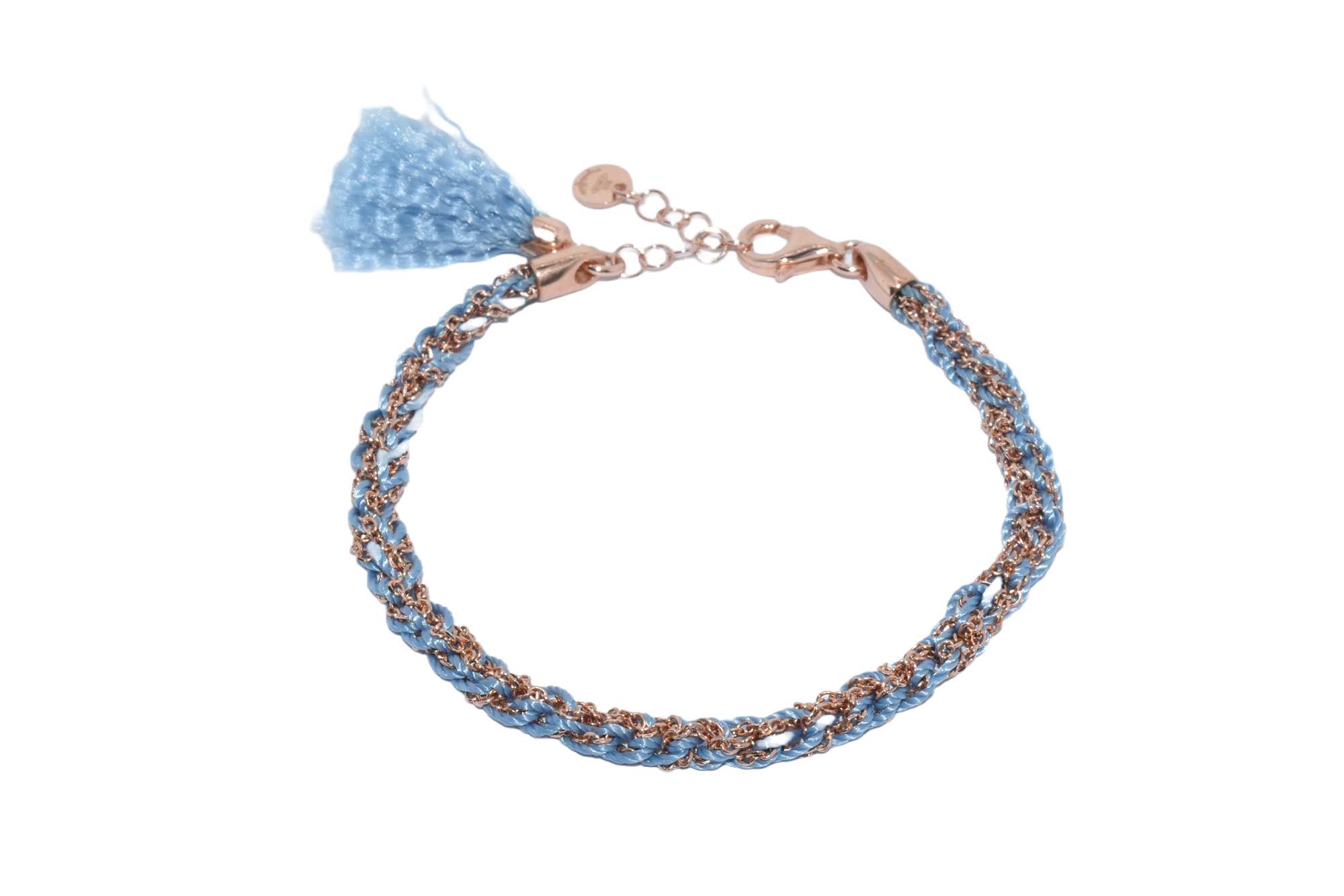 Bracciale-uncinetto-con-cotone-azzurro-Argentofilato-in-argento-925-oro-rosa