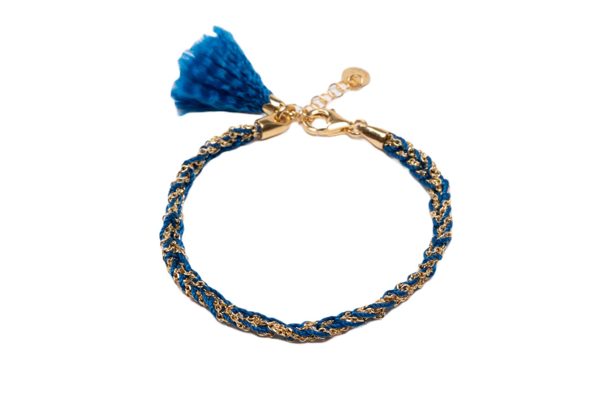 Bracciale-uncinetto-con-cotone-blu-Argentofilato-in-argento-925-oro-giallo