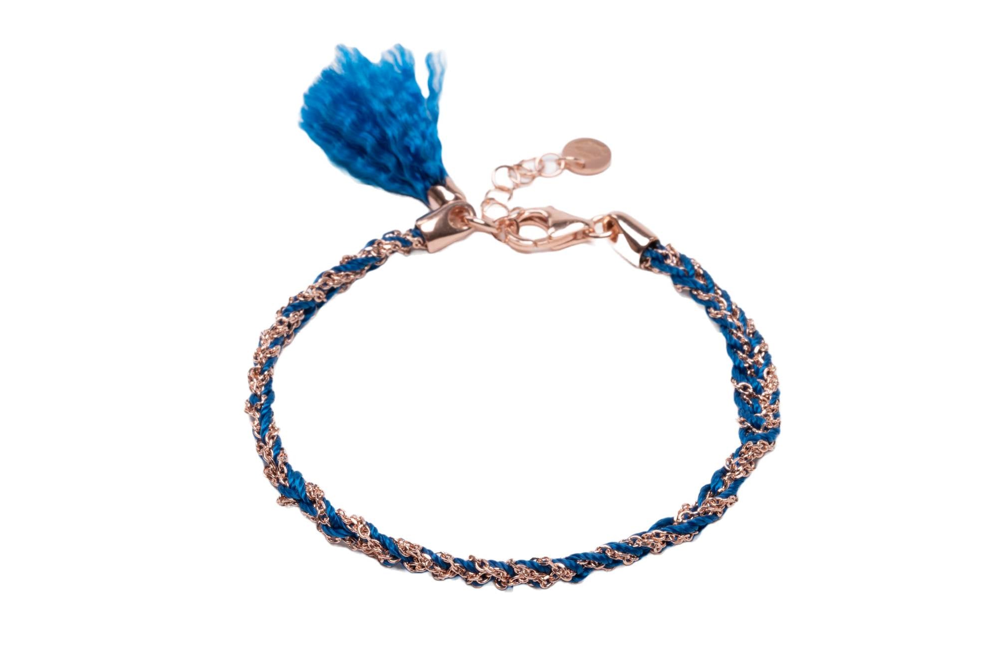 Bracciale-uncinetto-con-cotone-blu-Argentofilato-in-argento-925-oro-rosa