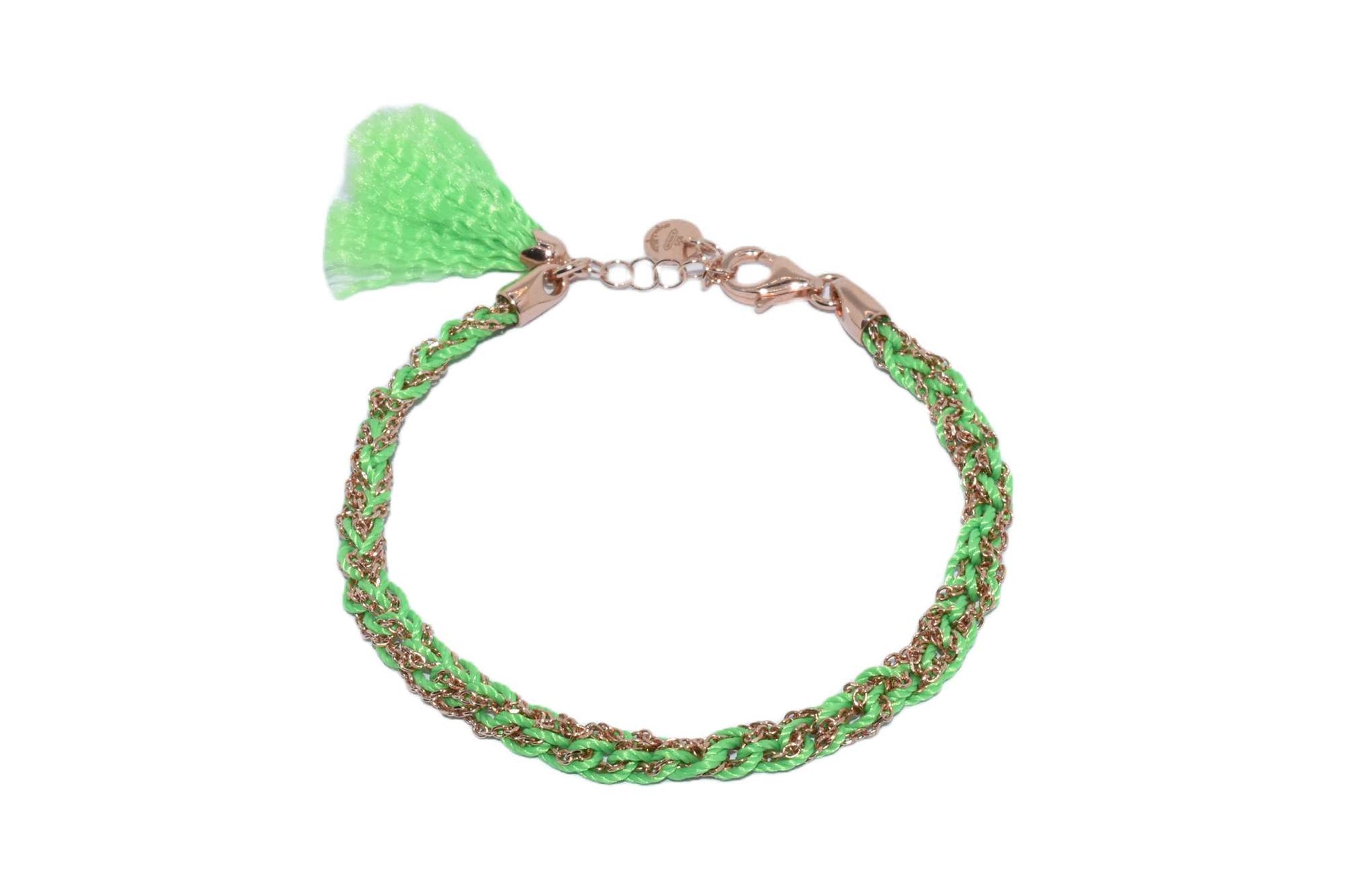Bracciale-uncinetto-con-cotone-verde-Argentofilato-in-argento-925-oro-rosa