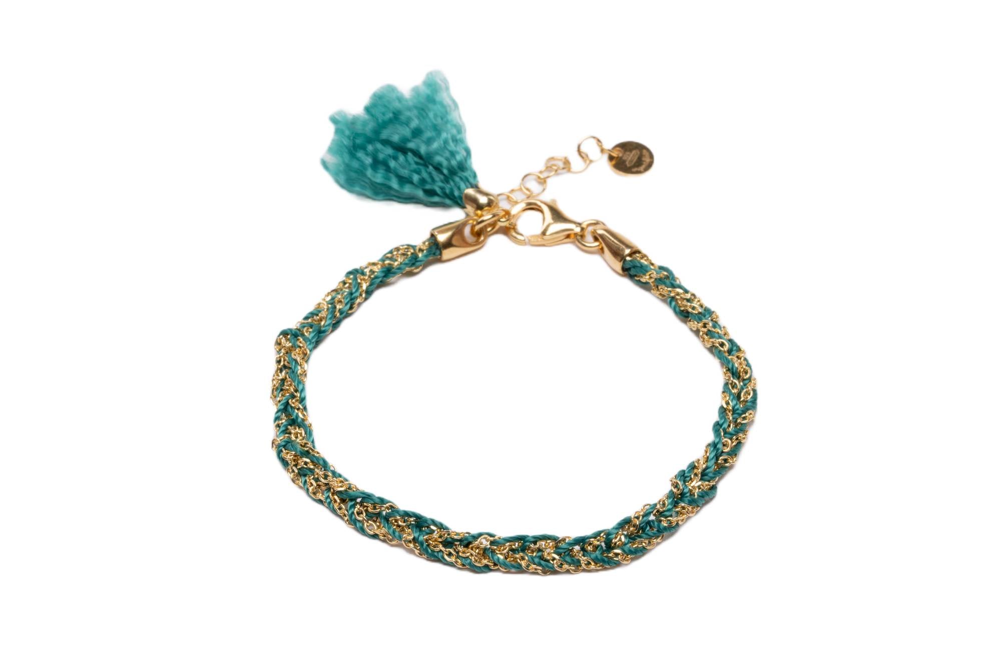 Bracciale-uncinetto-con-cotone-verde-smeraldo-Argentofilato-in-argento-925-oro-giallo