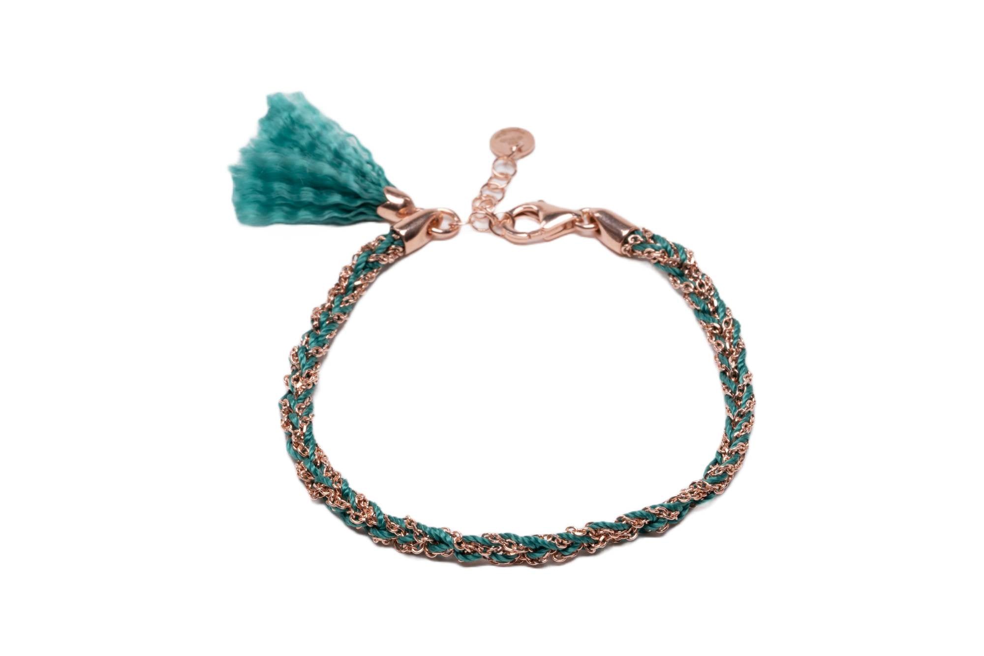 Bracciale-uncinetto-con-cotone-verde-smeraldo-Argentofilato-in-argento-925-oro-rosa