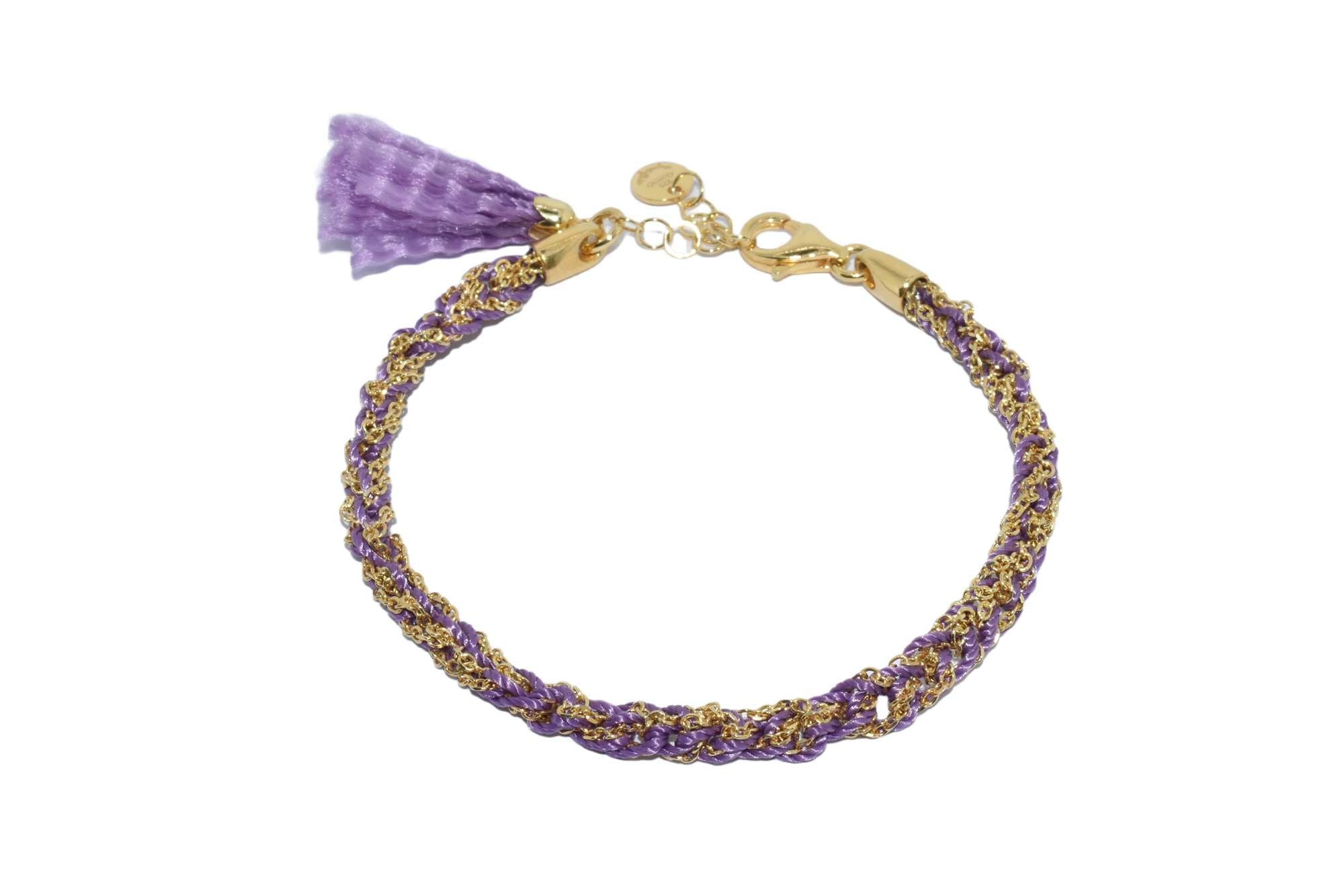 Bracciale-uncinetto-con-cotone-violetto-Argentofilato-in-argento-925-oro-giallo