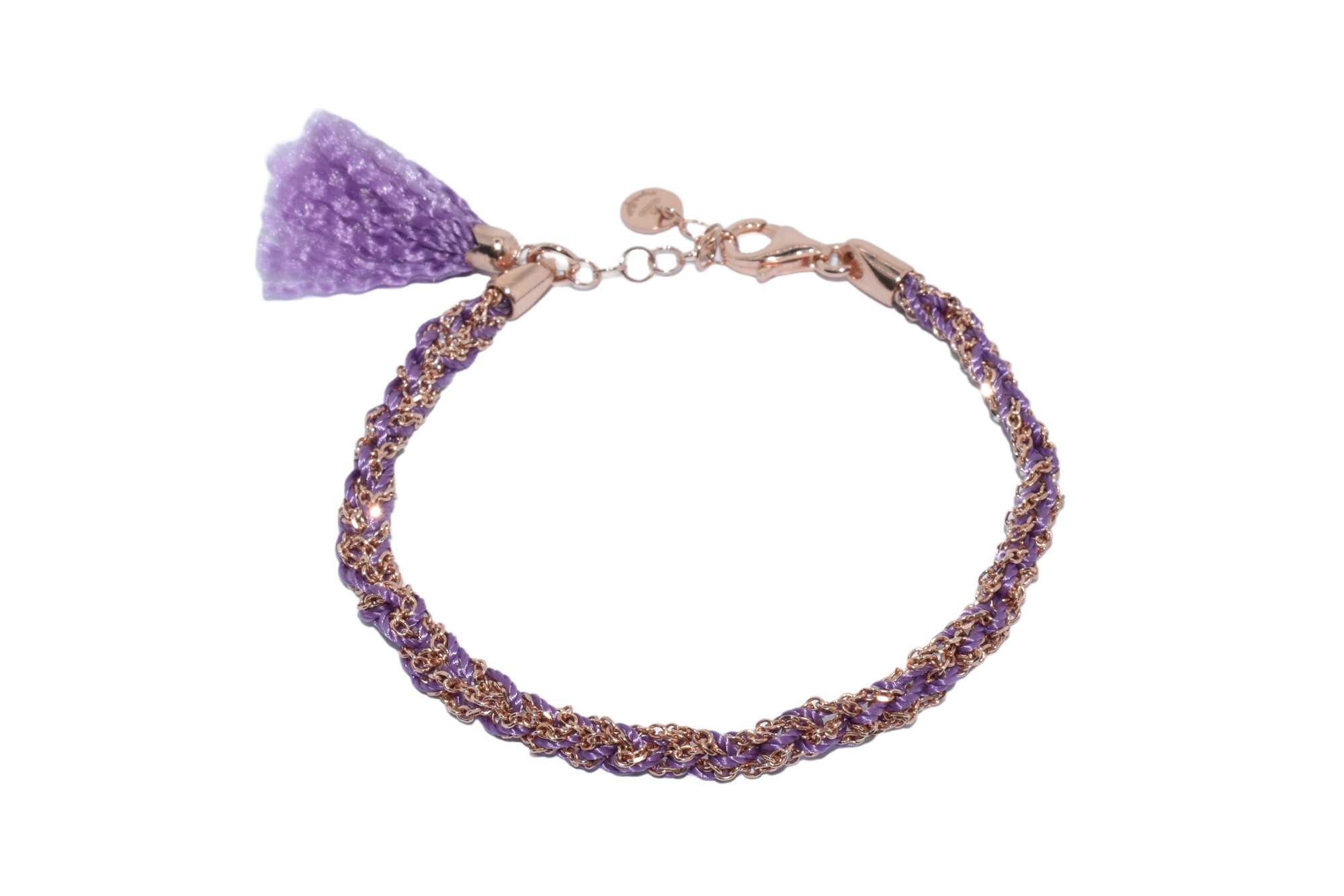 Bracciale-uncinetto-con-cotone-violetto-Argentofilato-in-argento-925-oro-rosa