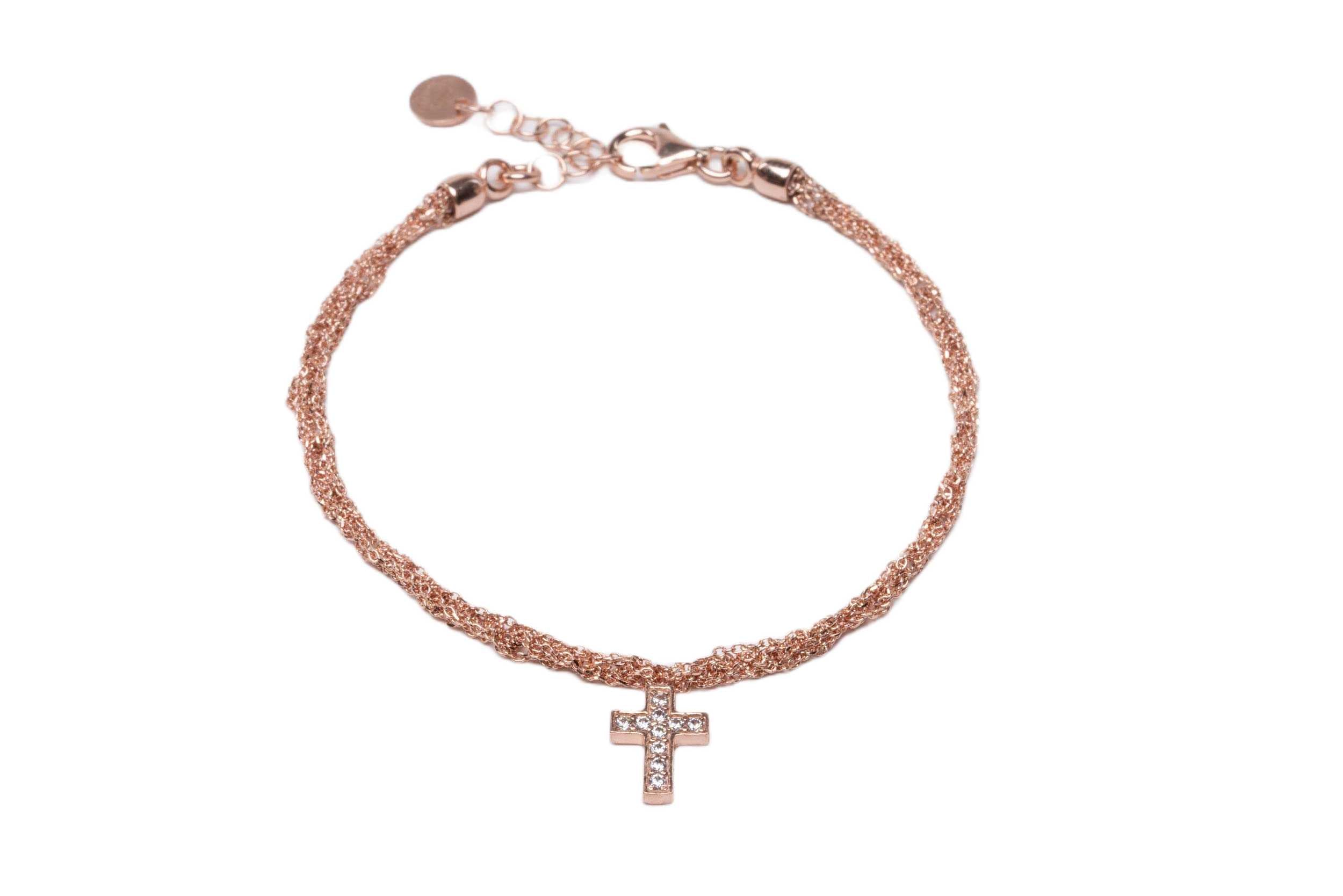 Bracciale-uncinetto-croce-con-zirconi-Argentofilato-in-argento-925-oro-rosa