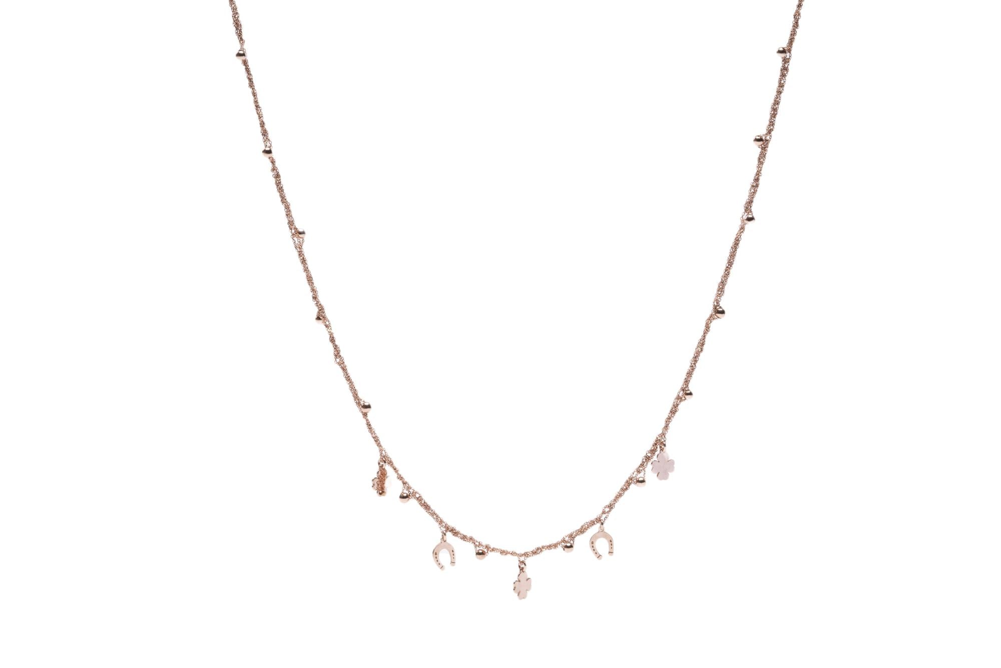 Collana-Charms-quadrifoglio-ferro-cavallo-Argentofilato-in-argento-925-oro-rosa