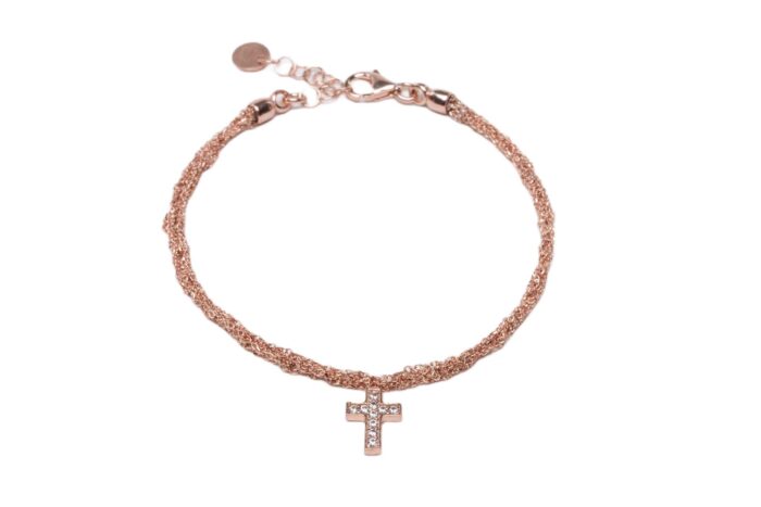 Bracciale-uncinetto-croce-con-zirconi-Argentofilato-in-argento-925-oro-rosa