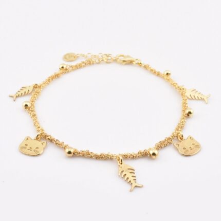 Bracciale con charms gatto e lisca in argento 925 artigianale, vista completa