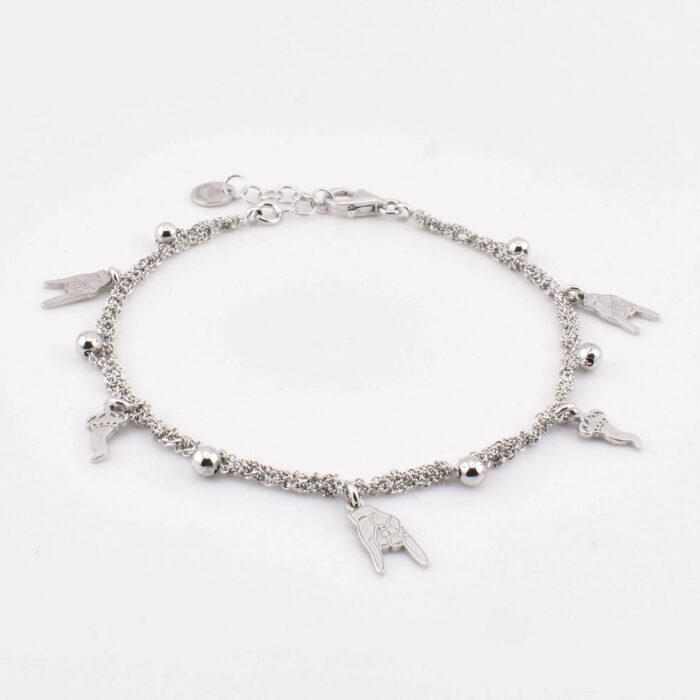Bracciale charms portafortuna in argento 925 con pendenti quadrifoglio corno ferro di cavallo