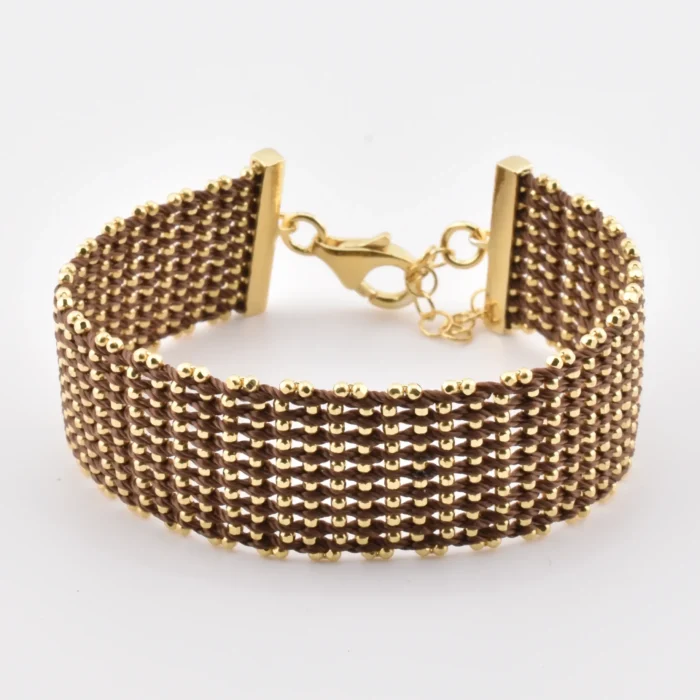 Bracciale_Telaio_Aracne_Marrone_Oro_Giallo_